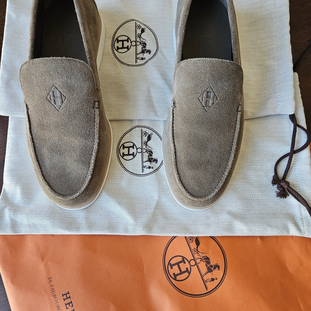 Hermes Taupe Suede Loafers